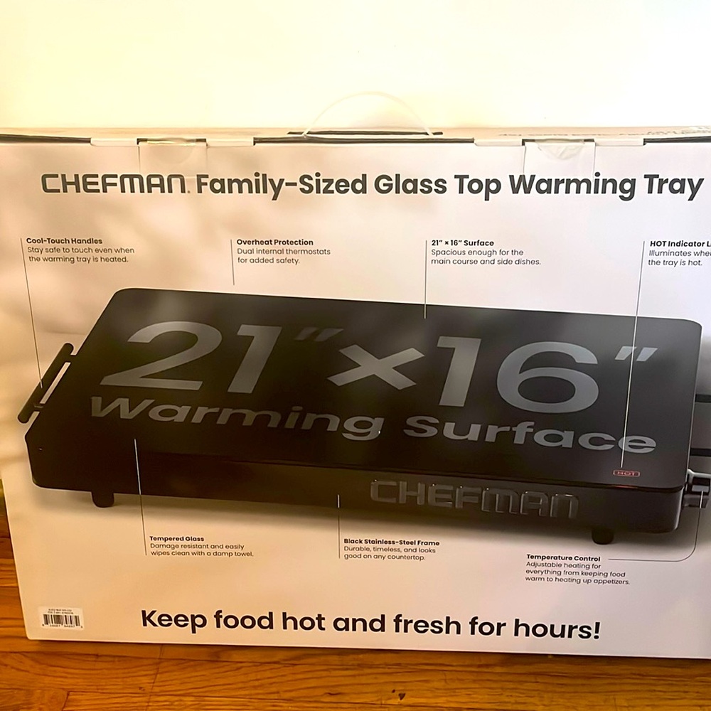 Chefman Family Sized Glass Top warming tray 21”x16” black stainless steel finish